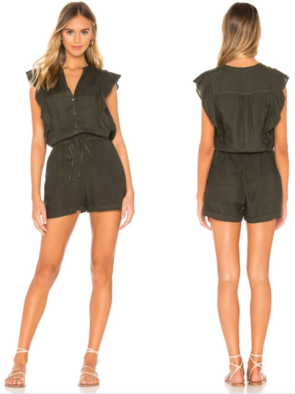 Velvet by Graham & Spencer Francis Linen Ruffle Romper in Dillweed (Army Green)